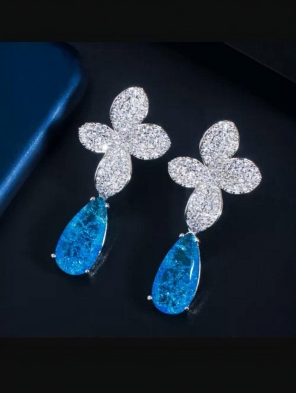 Elegant Blue Water Drop Cracked Ice Cubic Zirconia Stone Drop Dangle Earrings